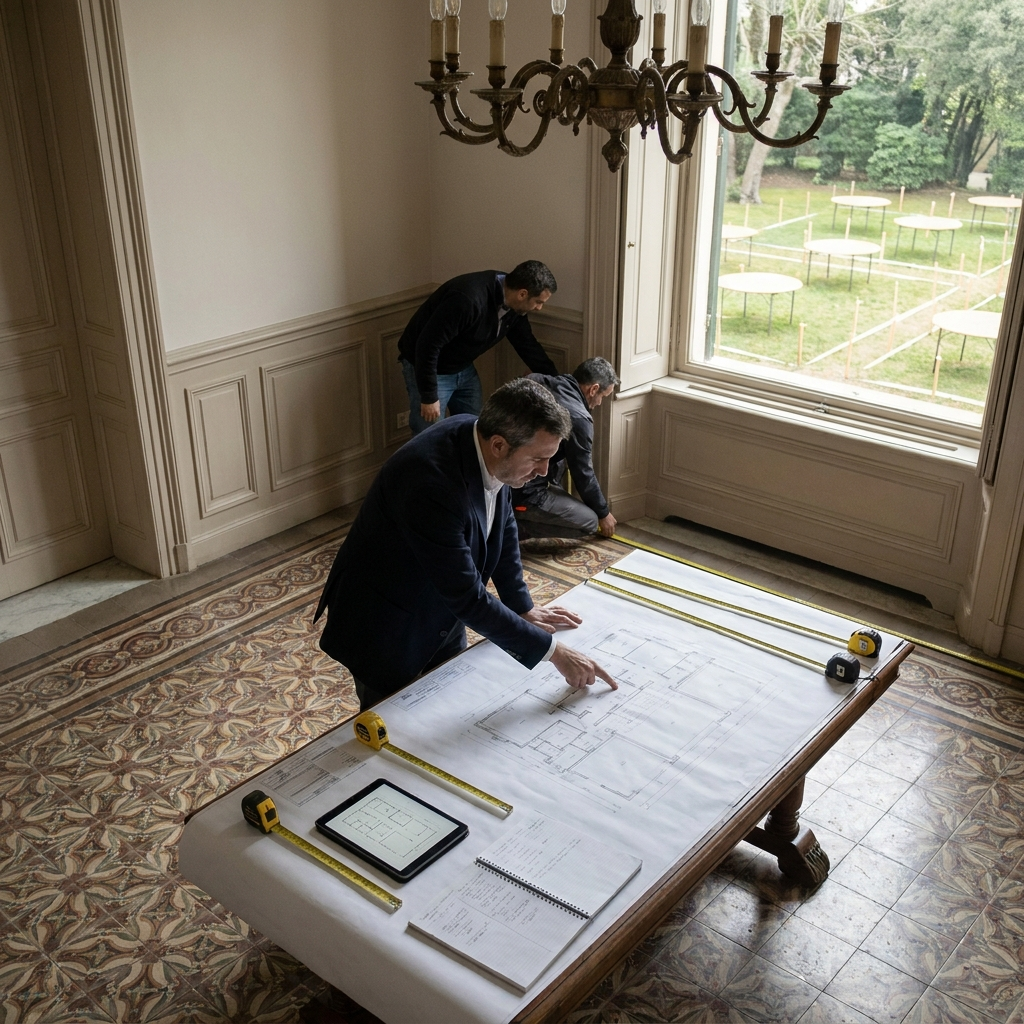 Preproducción en palacete: plano técnico y mediciones para calcular aforo útil en casa con jardín para eventos