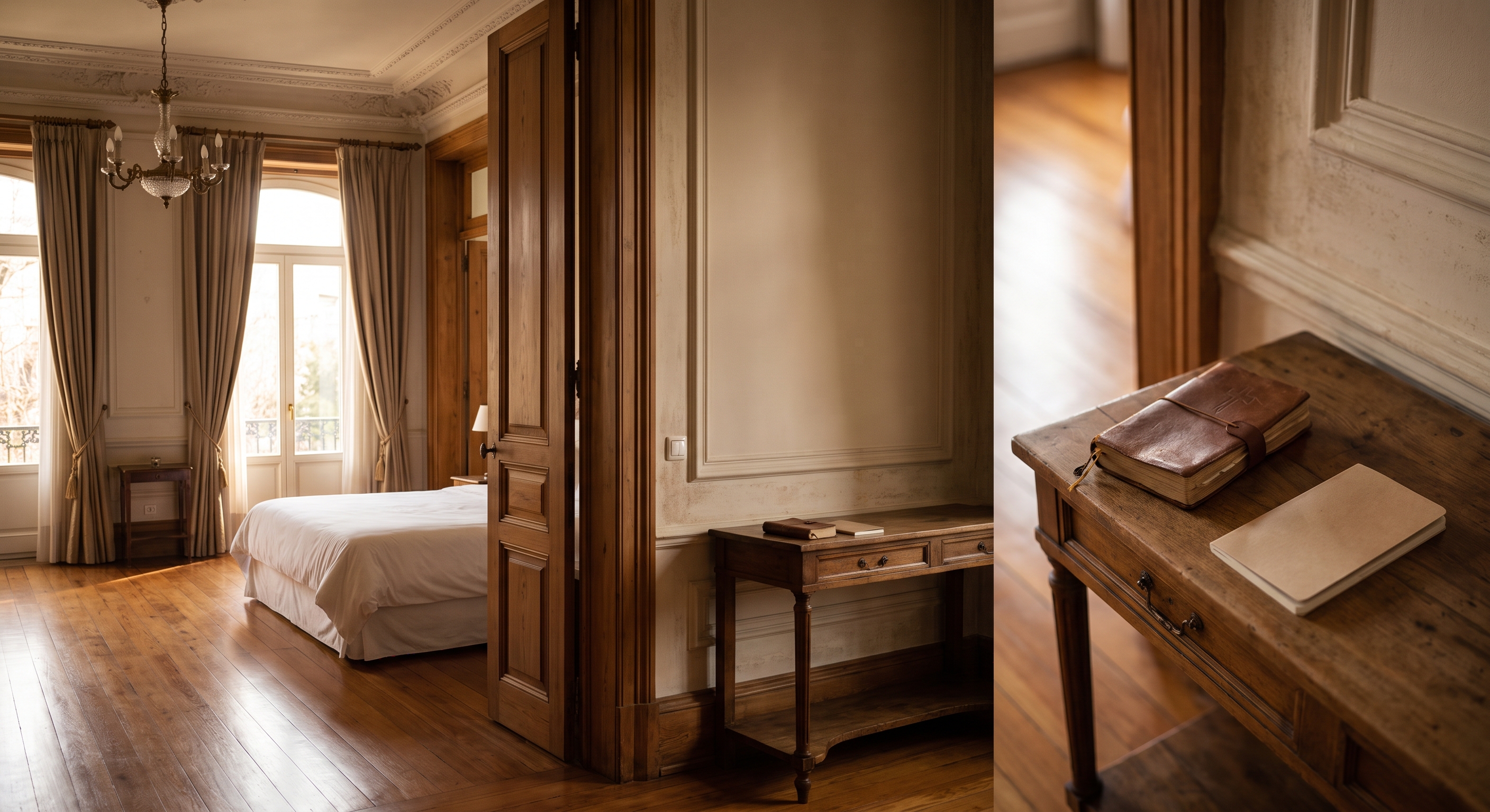 Interior de salón noble en Santa Emilia con puerta entreabierta a habitación privada; credencial del peregrino sobre mesa