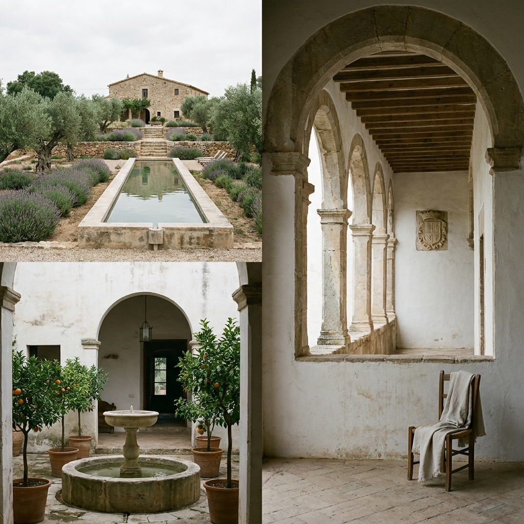 Comparación de tipologías: patio de cortijo, galería de pazo/palacete y terraza de masía con lavanda y piscina