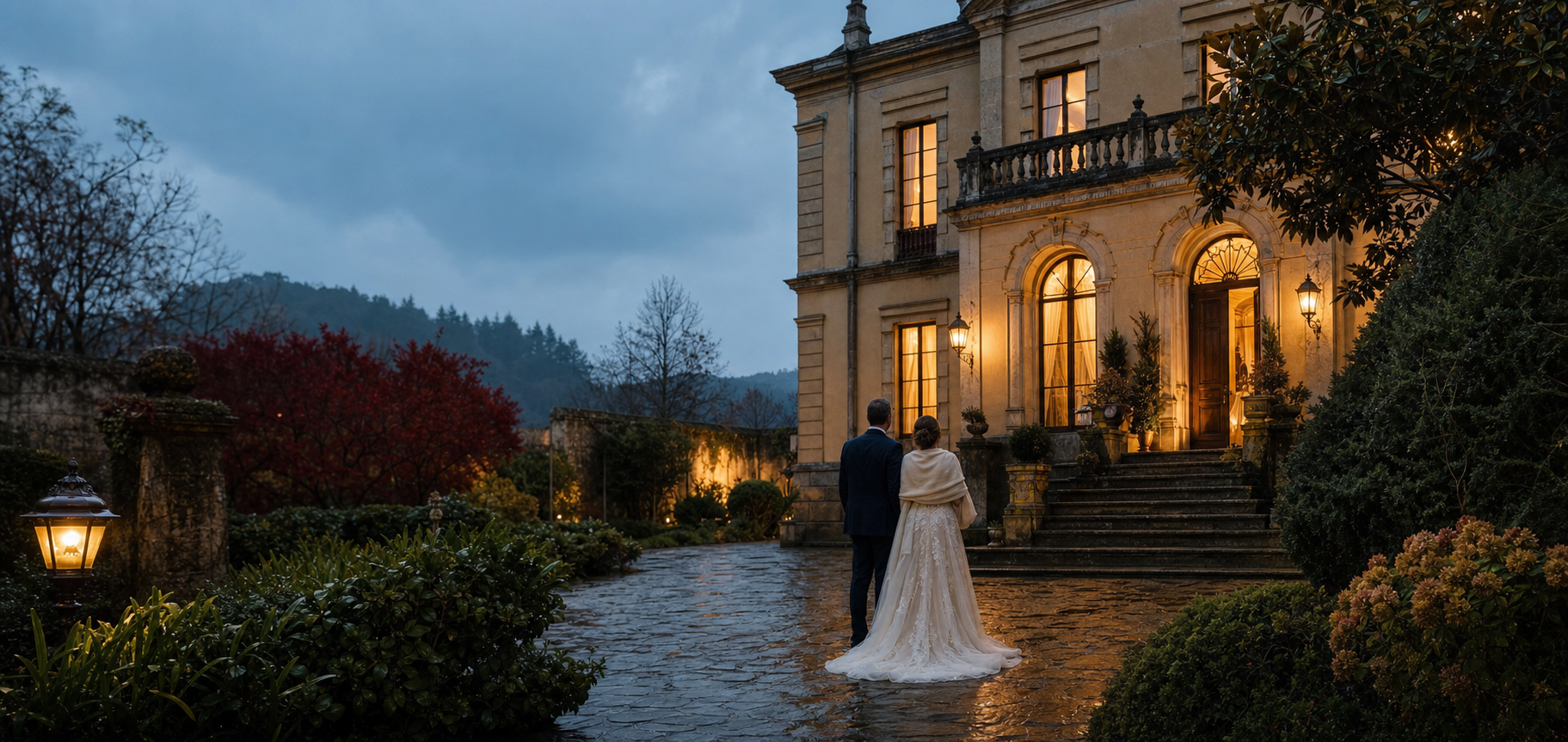 Pareja ante un palacete histórico iluminado durante una tarde lluviosa de invierno en Galicia