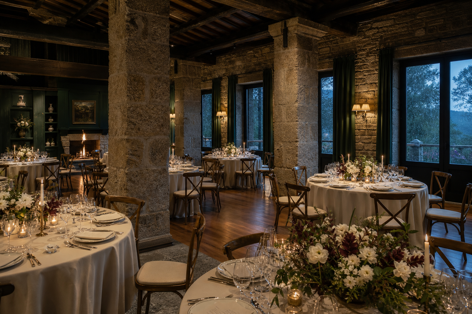 Salón de piedra preparado para una recepción de boda de invierno con mesas iluminadas y lluvia tras las ventanas