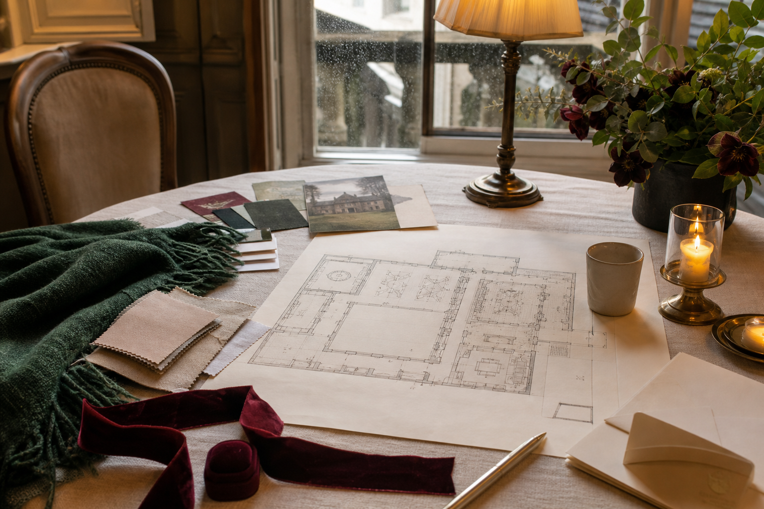 Mesa de planificación de una boda de invierno con plano, tejidos, cinta y materiales naturales