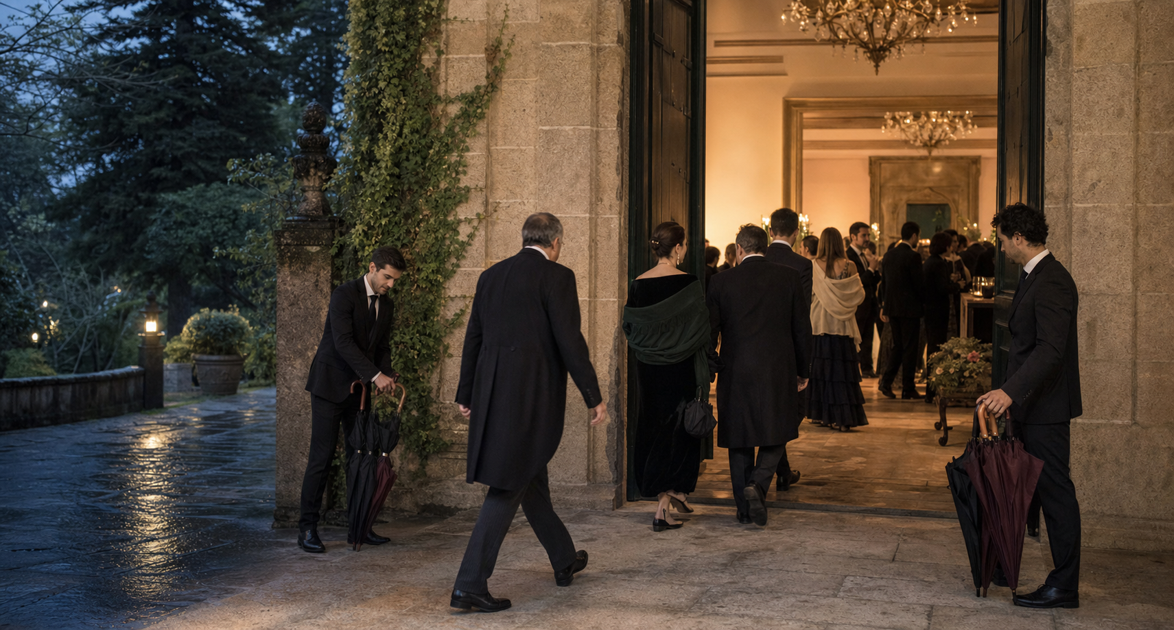 Invitados con paraguas entrando en un palacete iluminado para una boda de invierno