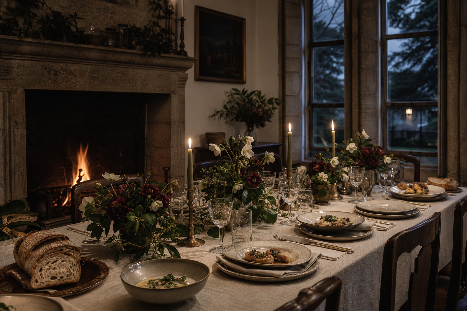 Mesa íntima de boda de invierno junto a una chimenea con vajilla artesanal y luz cálida