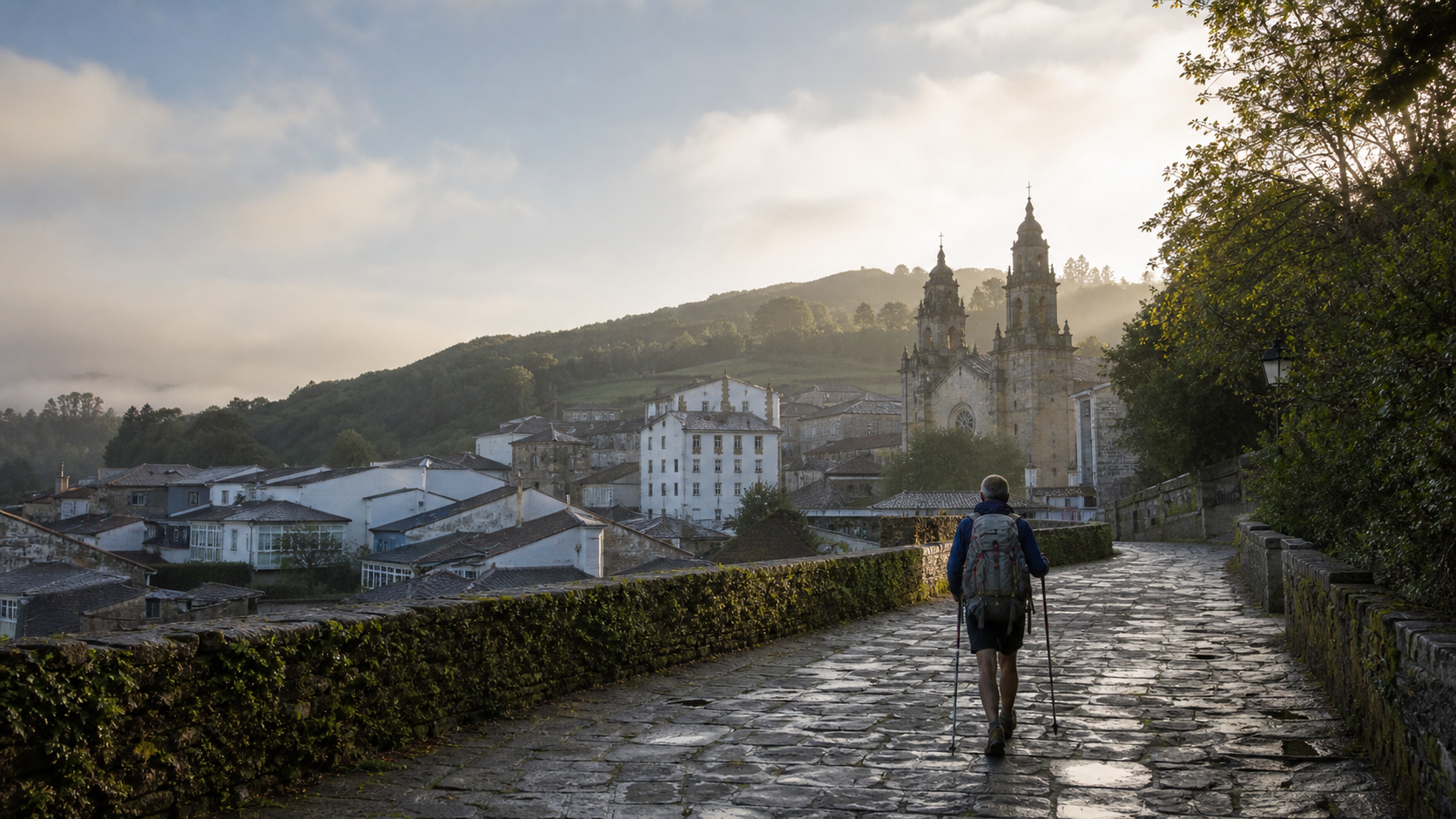 Peregrino llegando a Mondoñedo por el Camino del Norte al amanecer