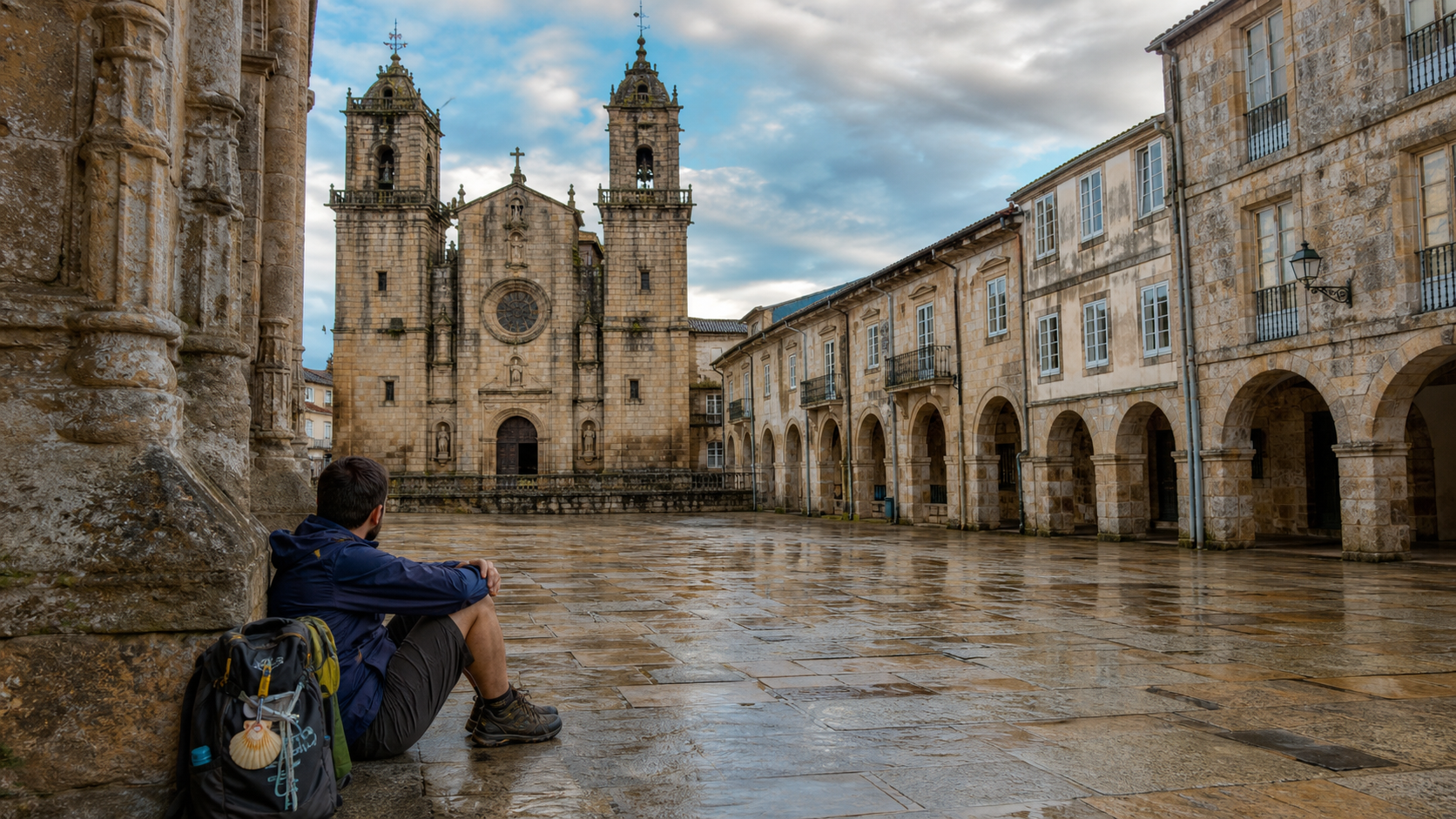 Peregrino descansando en una plaza histórica de Mondoñedo frente a la catedral