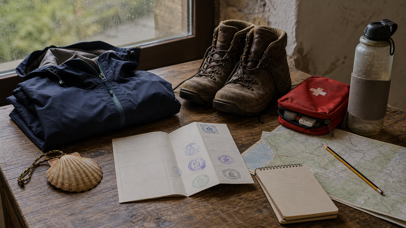 Equipo práctico para caminar el Camino del Norte: botas, impermeable, credencial, agua y mapa