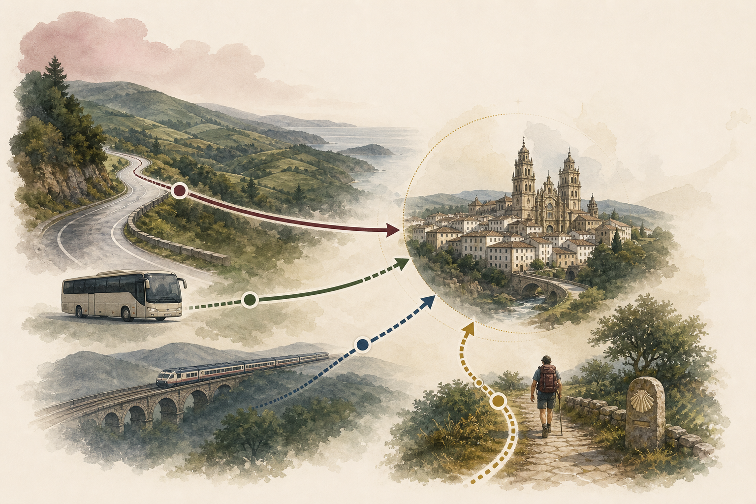 Esquema conceptual de accesos por carretera, autobús, tren y Camino hacia Mondoñedo