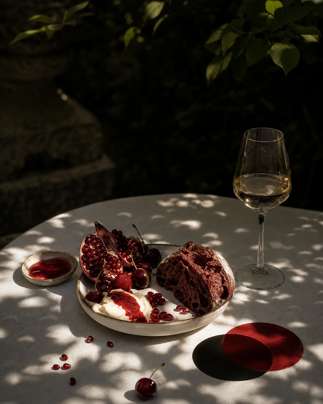 Gastronomía roja y Albariño bajo las sombras del jardín