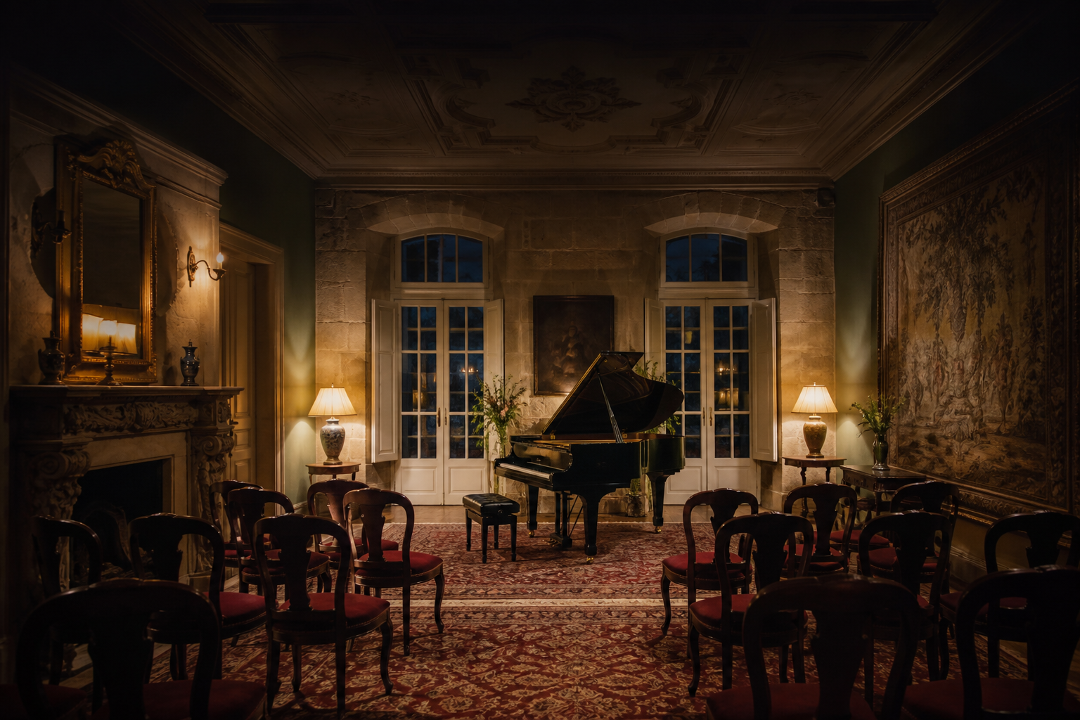 Salon historico preparado para una noche musical en Santa Emilia