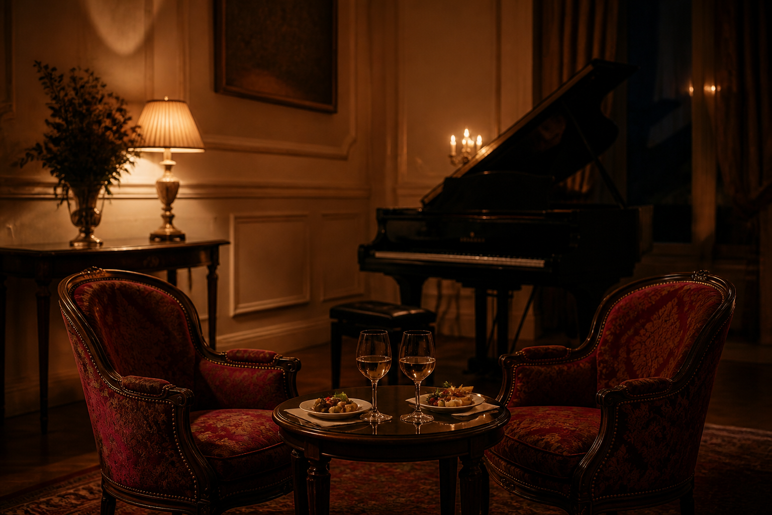 Sillas, piano y copas tras una noche musical en un salon historico