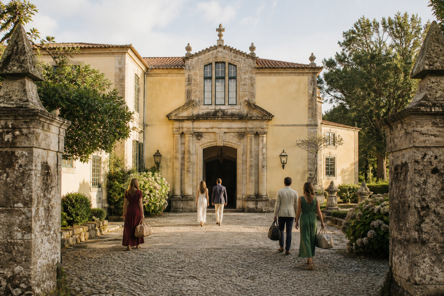 Invitados llegando a una casa histórica de Galicia para una boda de fin de semana