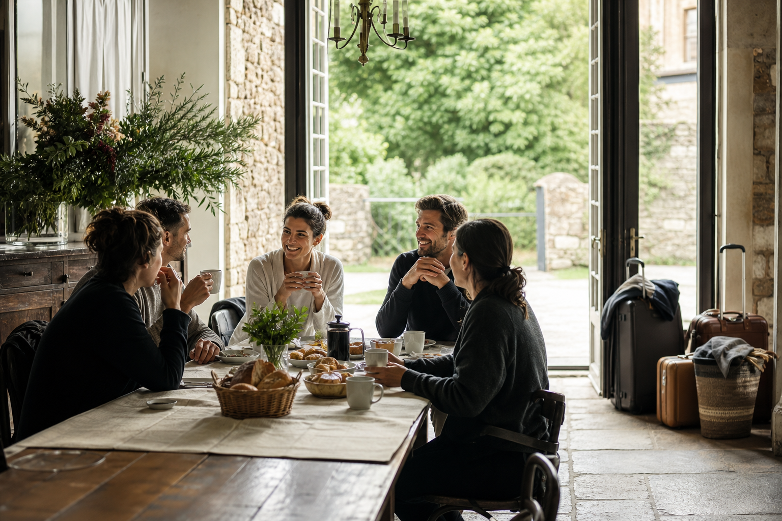 Invitados compartiendo un desayuno de despedida con equipaje preparado