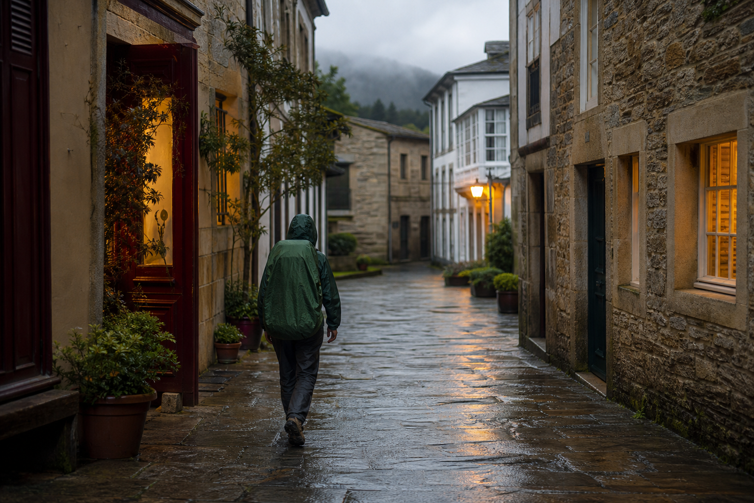Peregrino caminando bajo la lluvia por una calle histórica de Mondoñedo