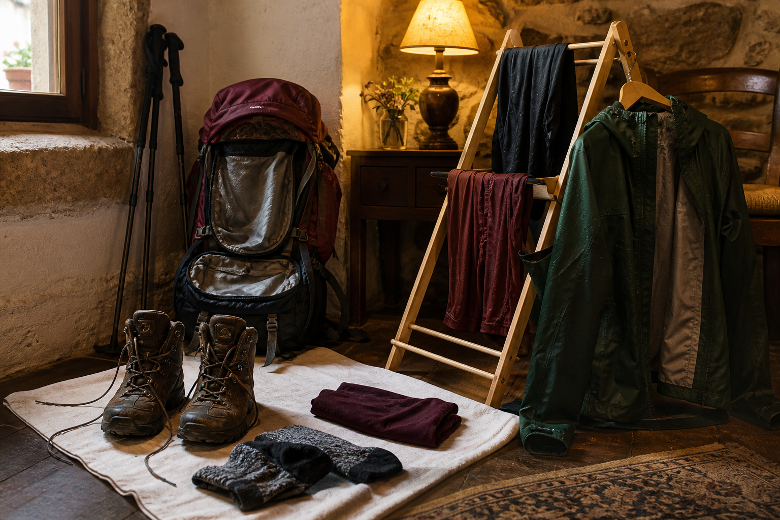 Botas, mochila y ropa de lluvia secándose de forma ordenada en una habitación