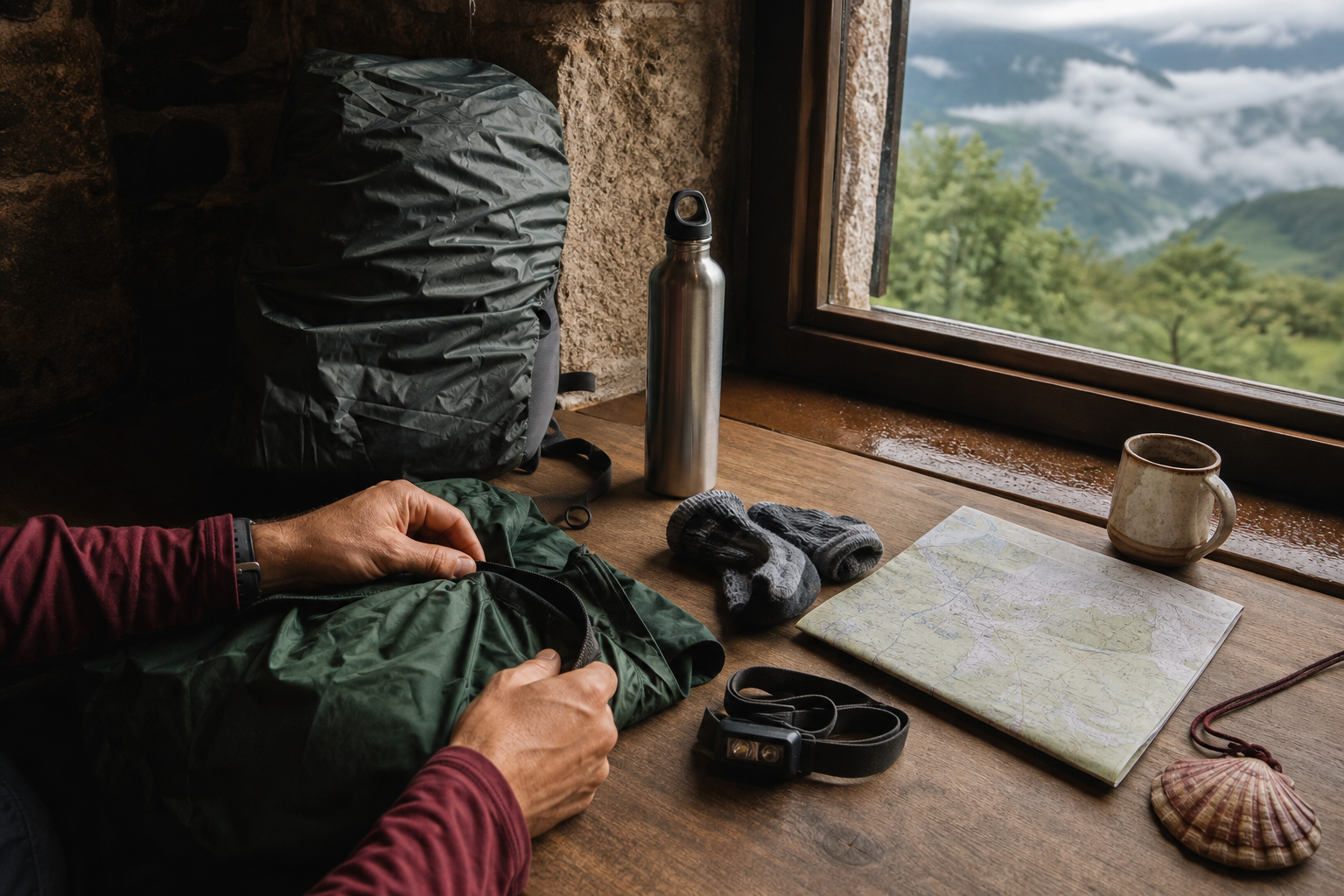 Mochila protegida, mapa y equipo seco preparados junto a una ventana antes de una etapa