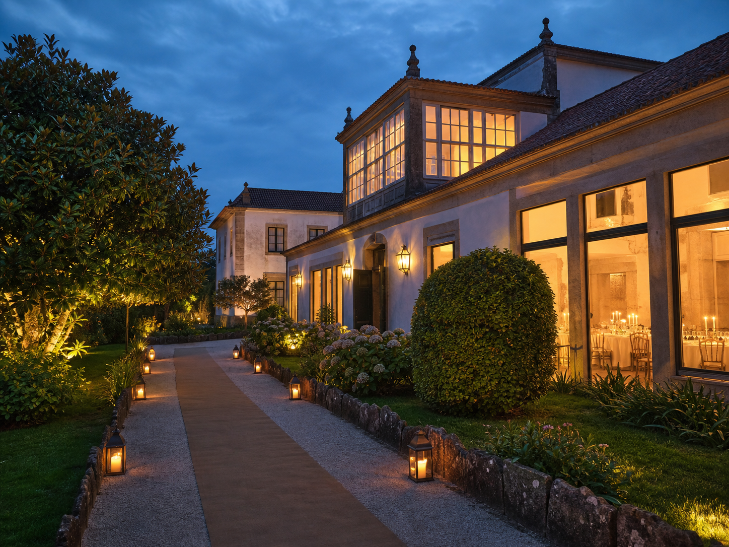 Jardin iluminado de una casa historica para eventos en Galicia