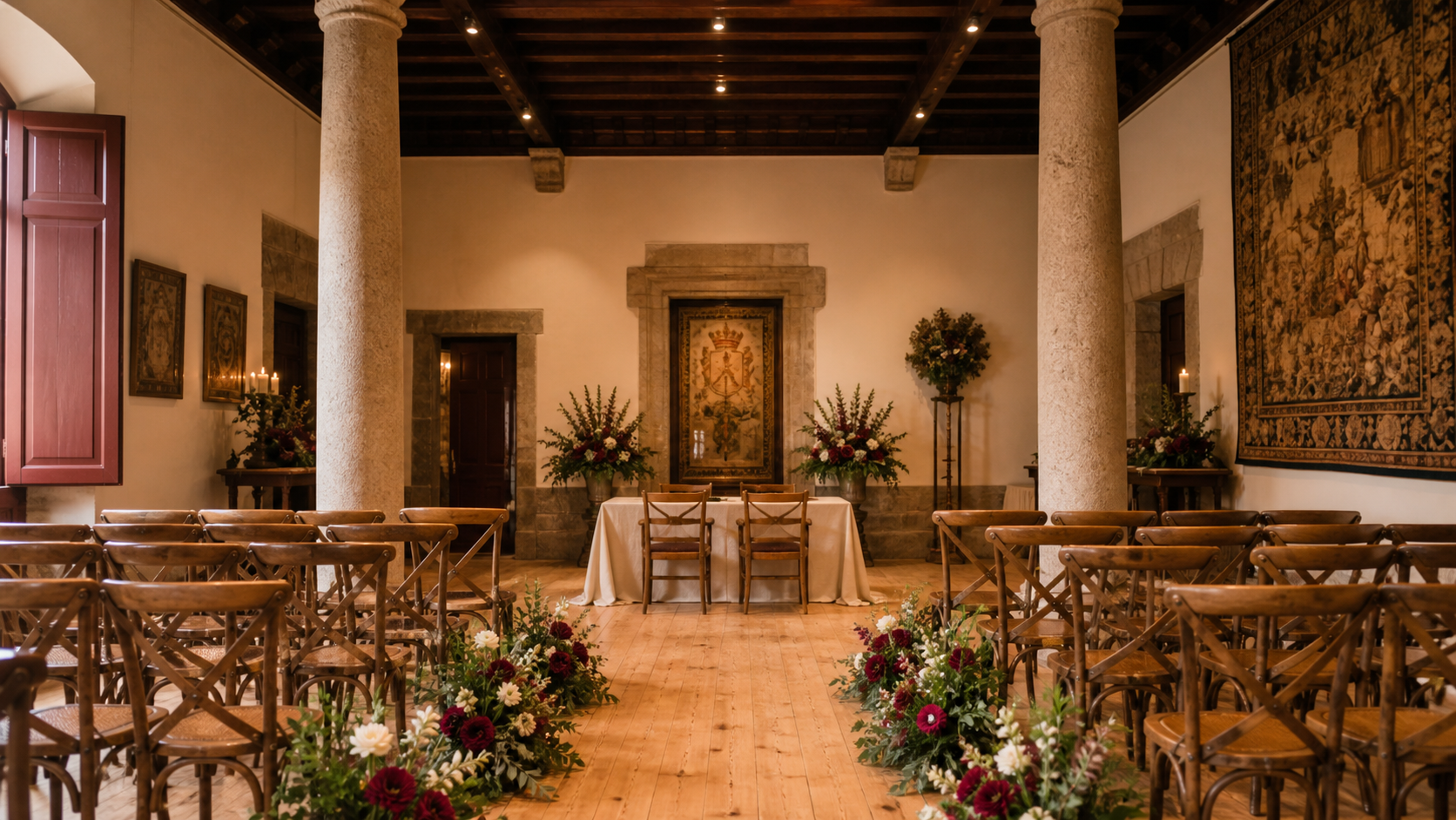 Ceremonia civil preparada en un salon historico con flores y sillas de madera