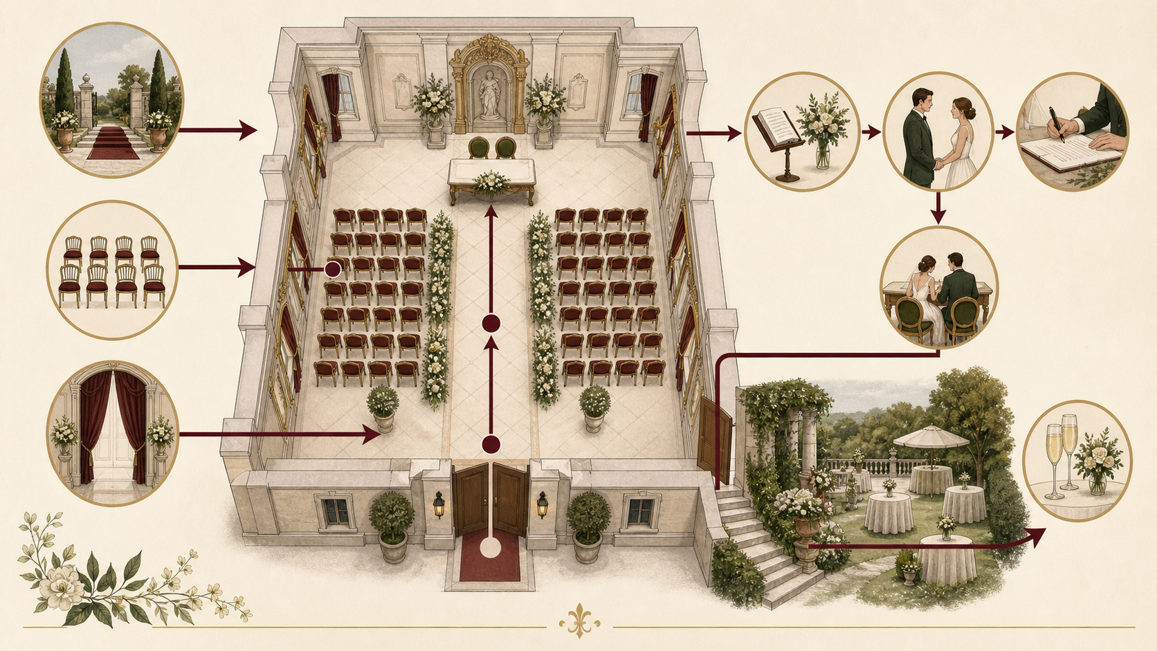 Esquema visual del recorrido de una ceremonia civil en un palacio historico