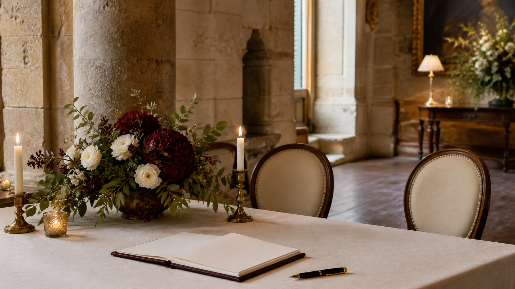 Mesa de firma preparada para una ceremonia civil con flores y luz calida