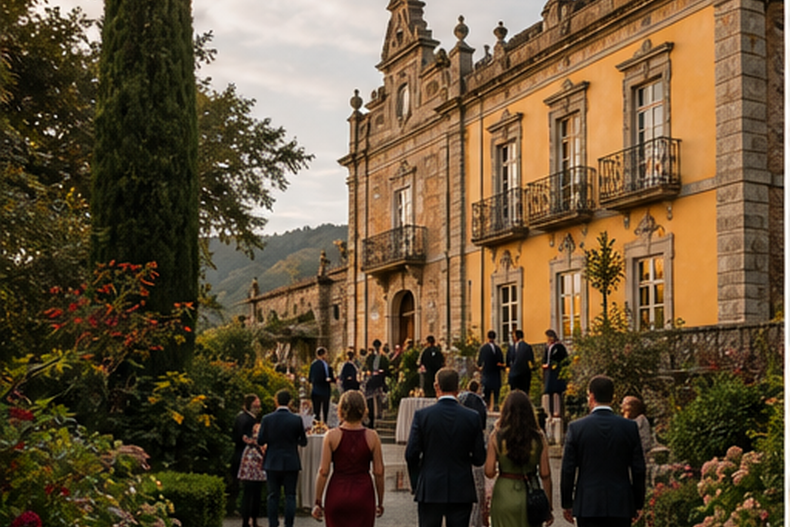 Invitados caminando hacia un cóctel de boda en un palacete gallego