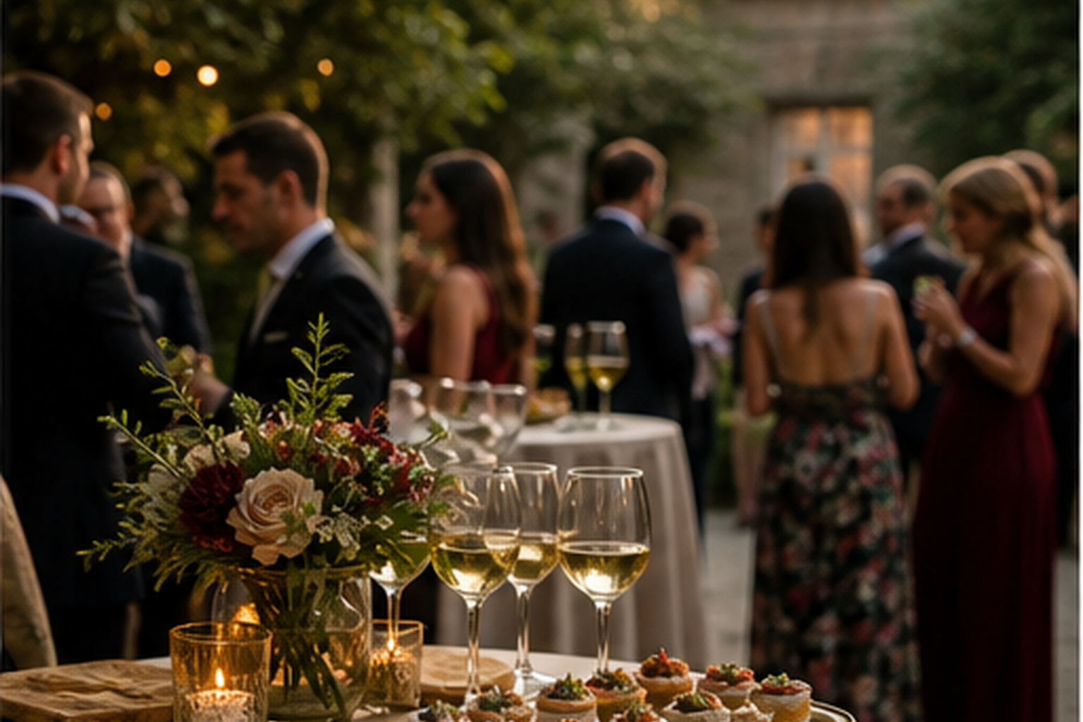 Mesa de cóctel con copas, flores y aperitivos para boda