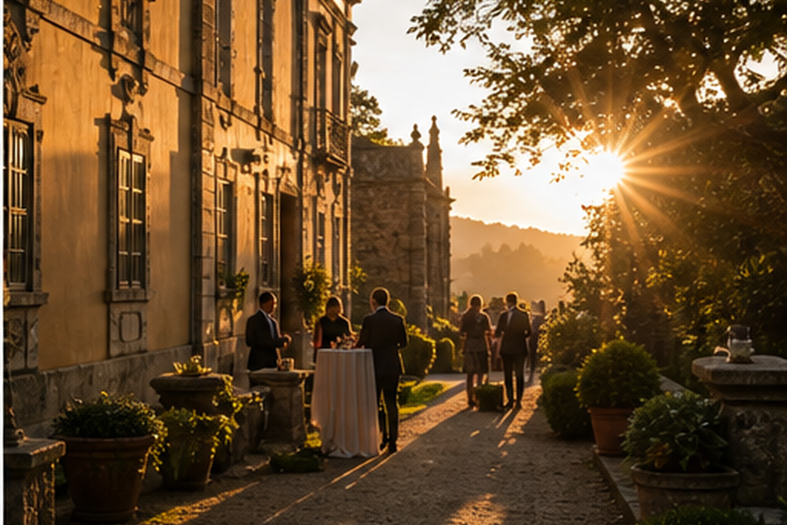 Luz de tarde en un jardín preparado para cóctel de boda