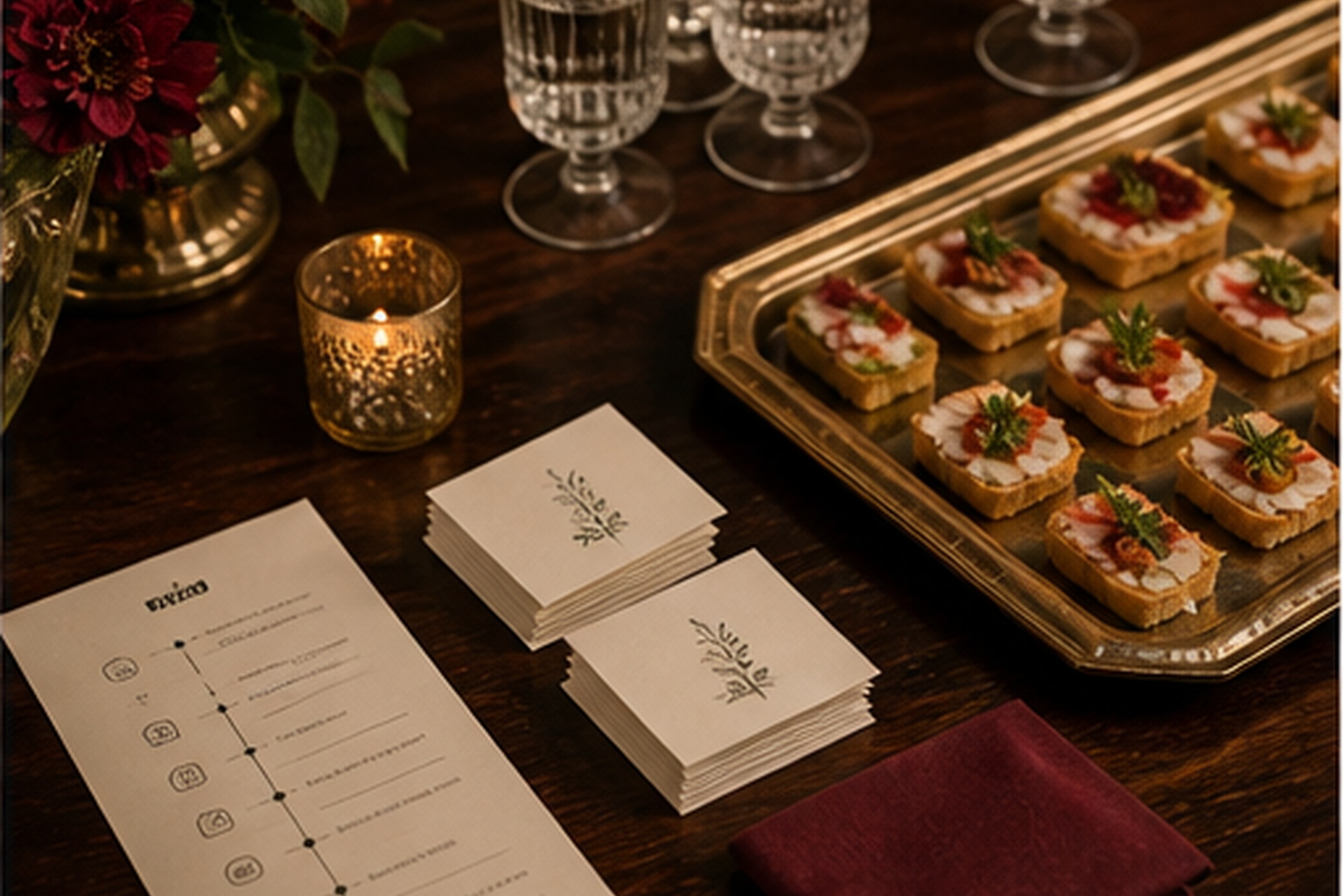Detalle de planificación de tiempos, copas y aperitivos de boda