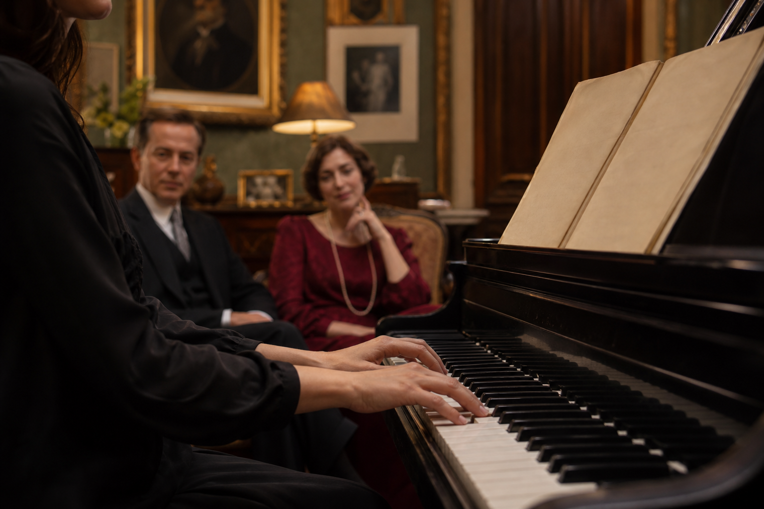 Manos de una pianista y dos oyentes atentos junto al piano