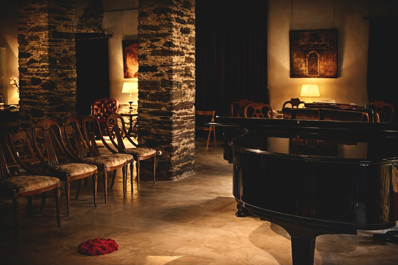 Foto real del Salón de los Pilares de Santa Emilia preparado para un recital