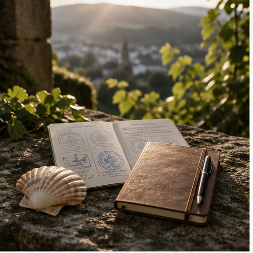 Credencial del peregrino y cuaderno ante el paisaje de Mondoñedo