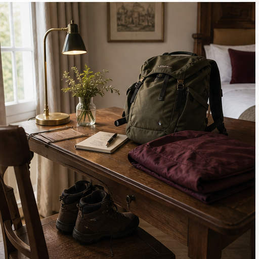 Mochila y botas preparadas en una habitación tranquila