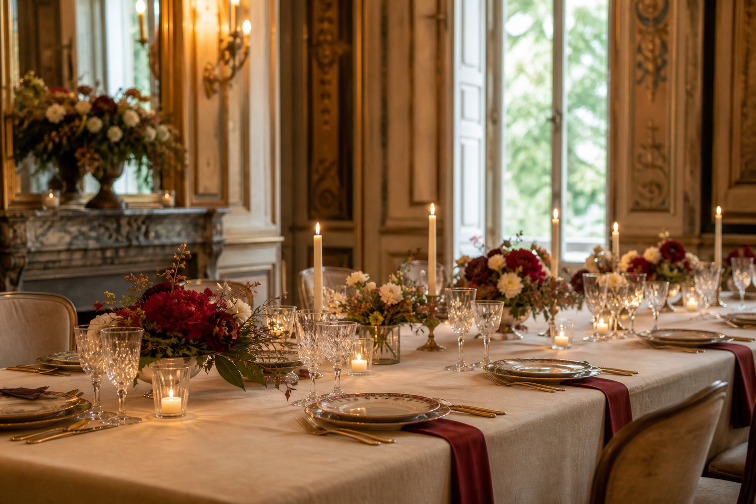 Mesa de boda con flores, velas y luz calida