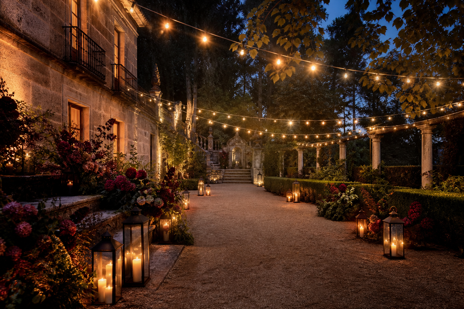 Iluminacion exterior para una boda en jardin historico