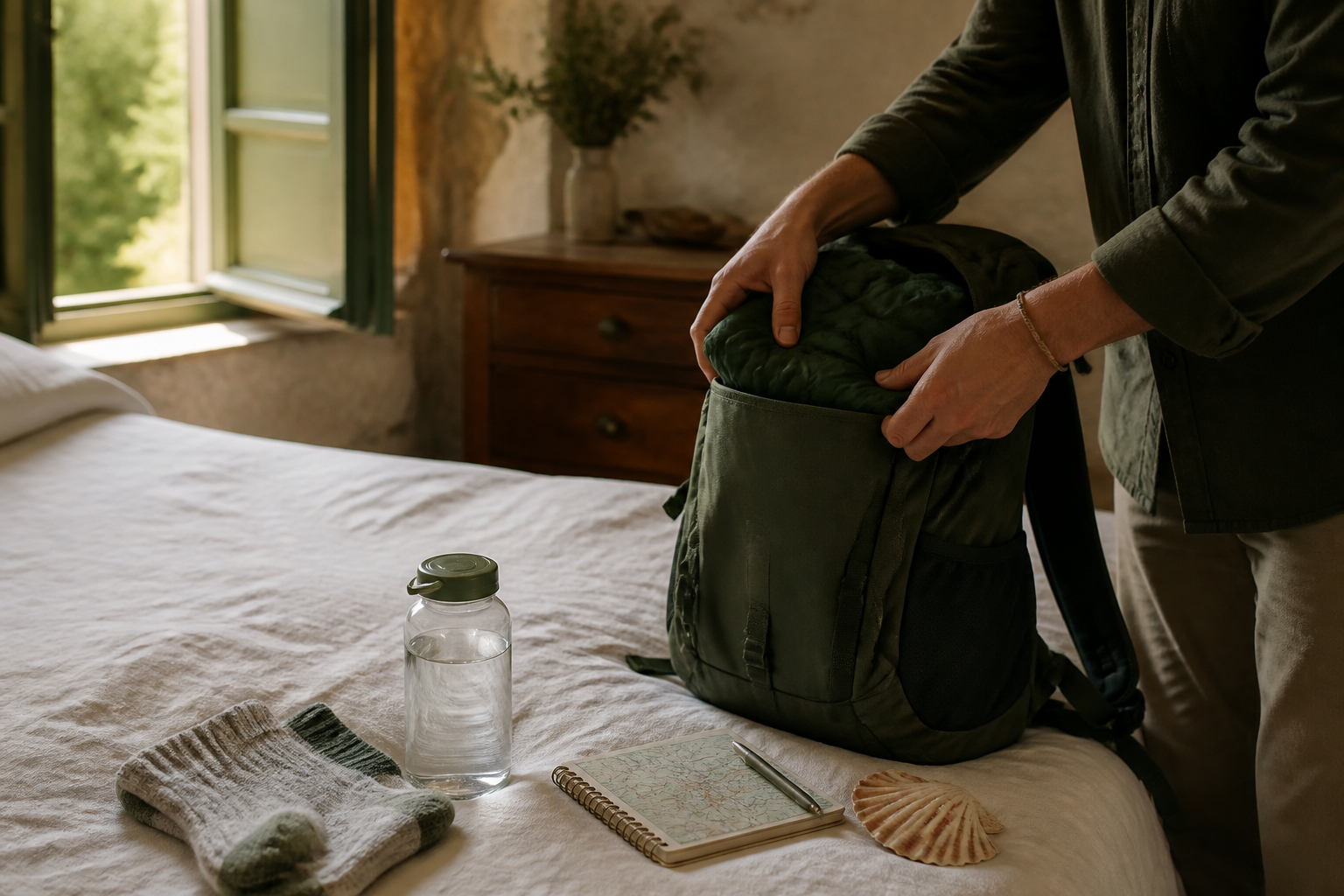 Preparación de una mochila en una habitación tranquila antes de salir al Camino