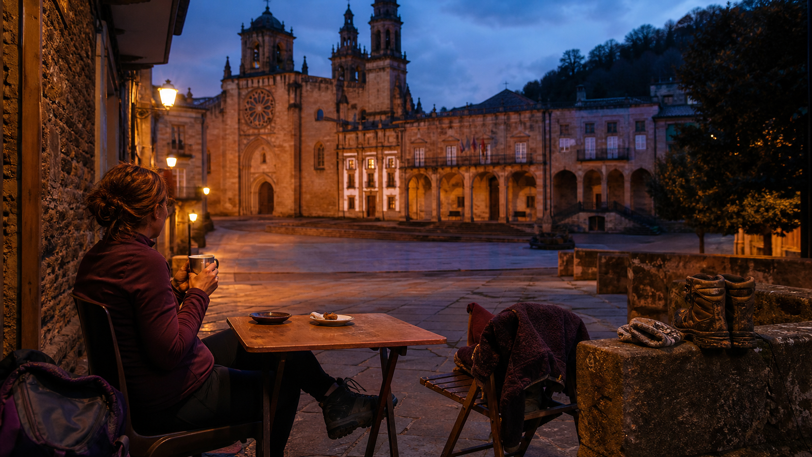 Peregrina descansando frente a la catedral de Mondoñedo al anochecer