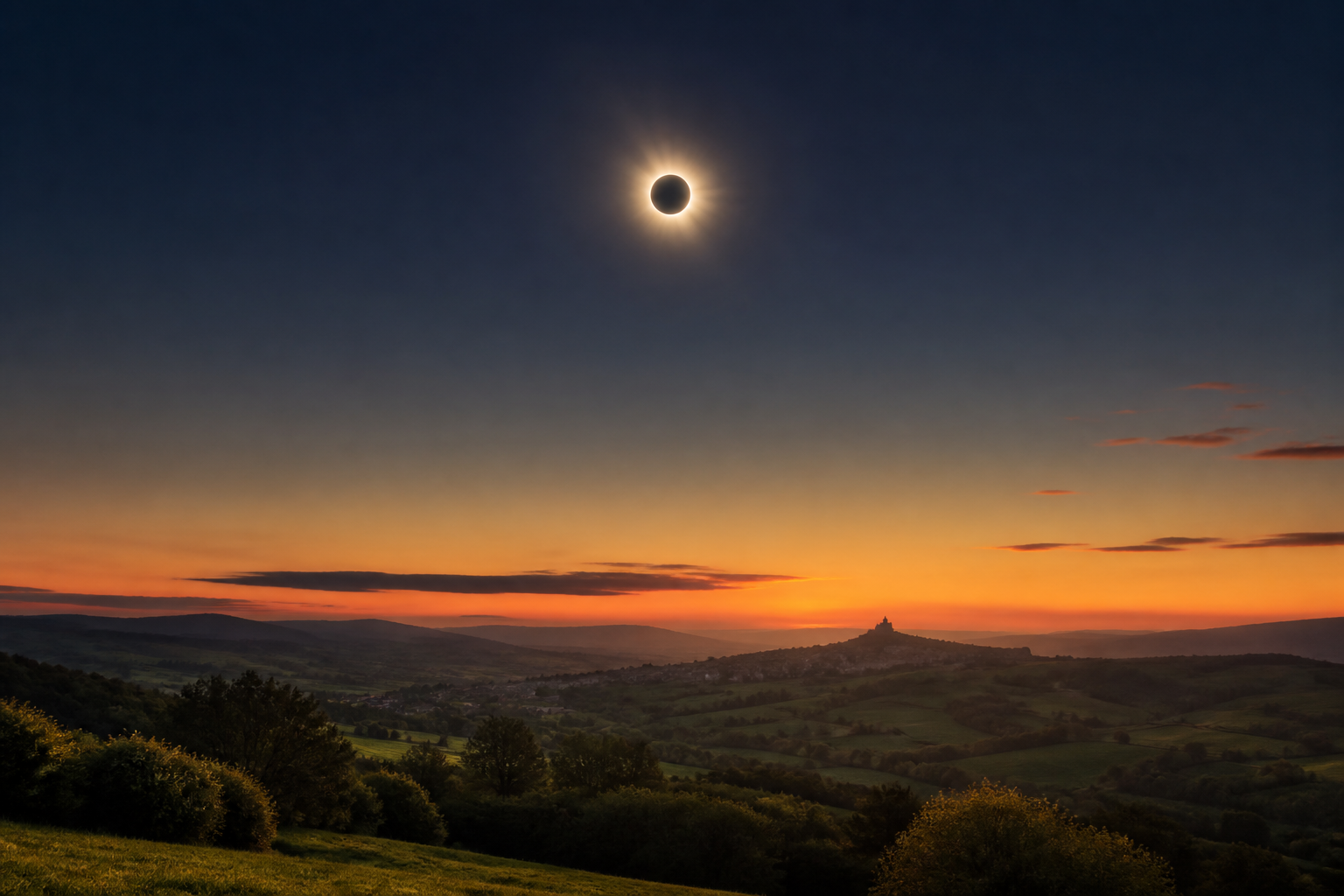 Eclipse total al atardecer sobre un paisaje verde de Galicia