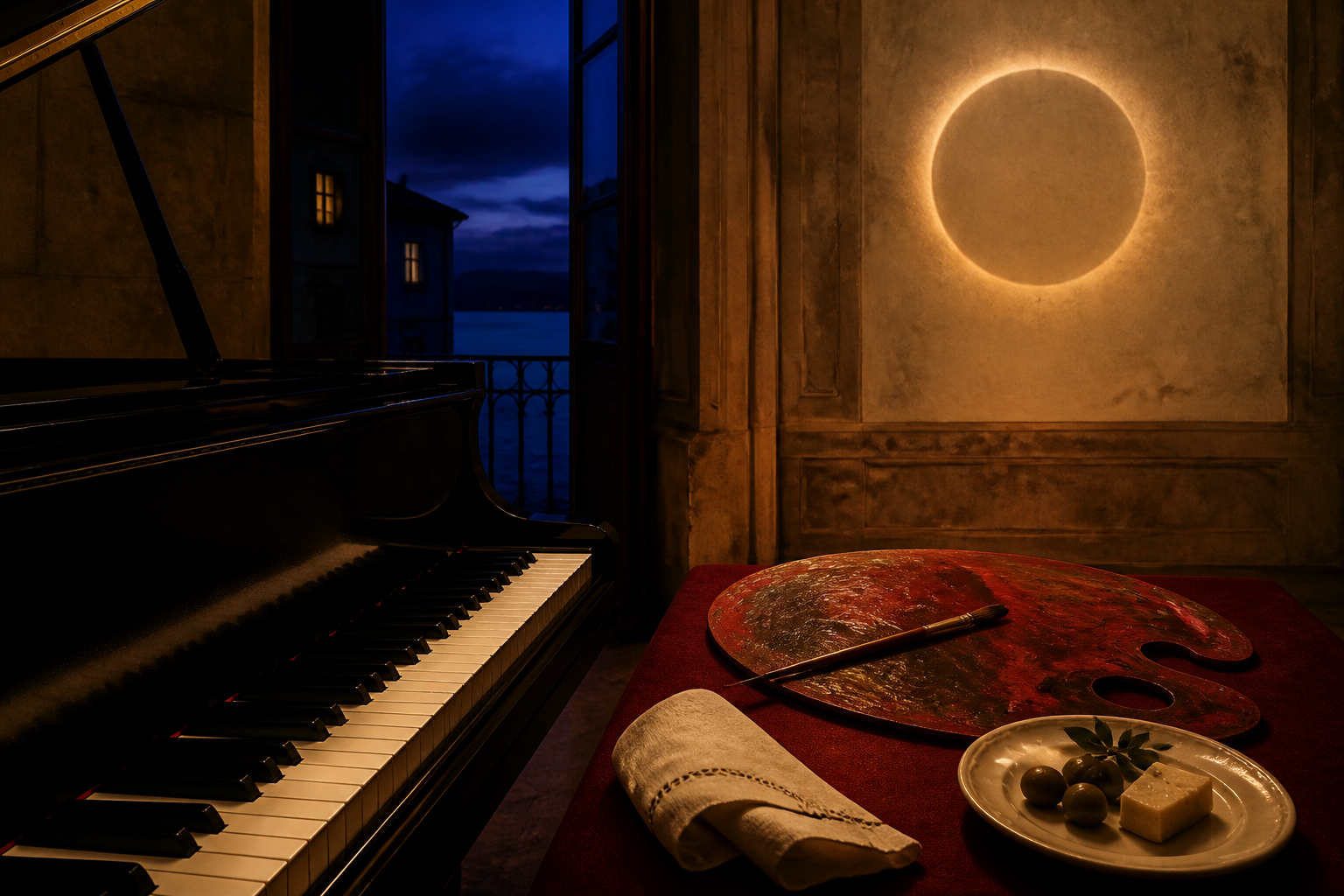 Piano, pintura y mesa de recepción en una escena cultural inspirada en el eclipse