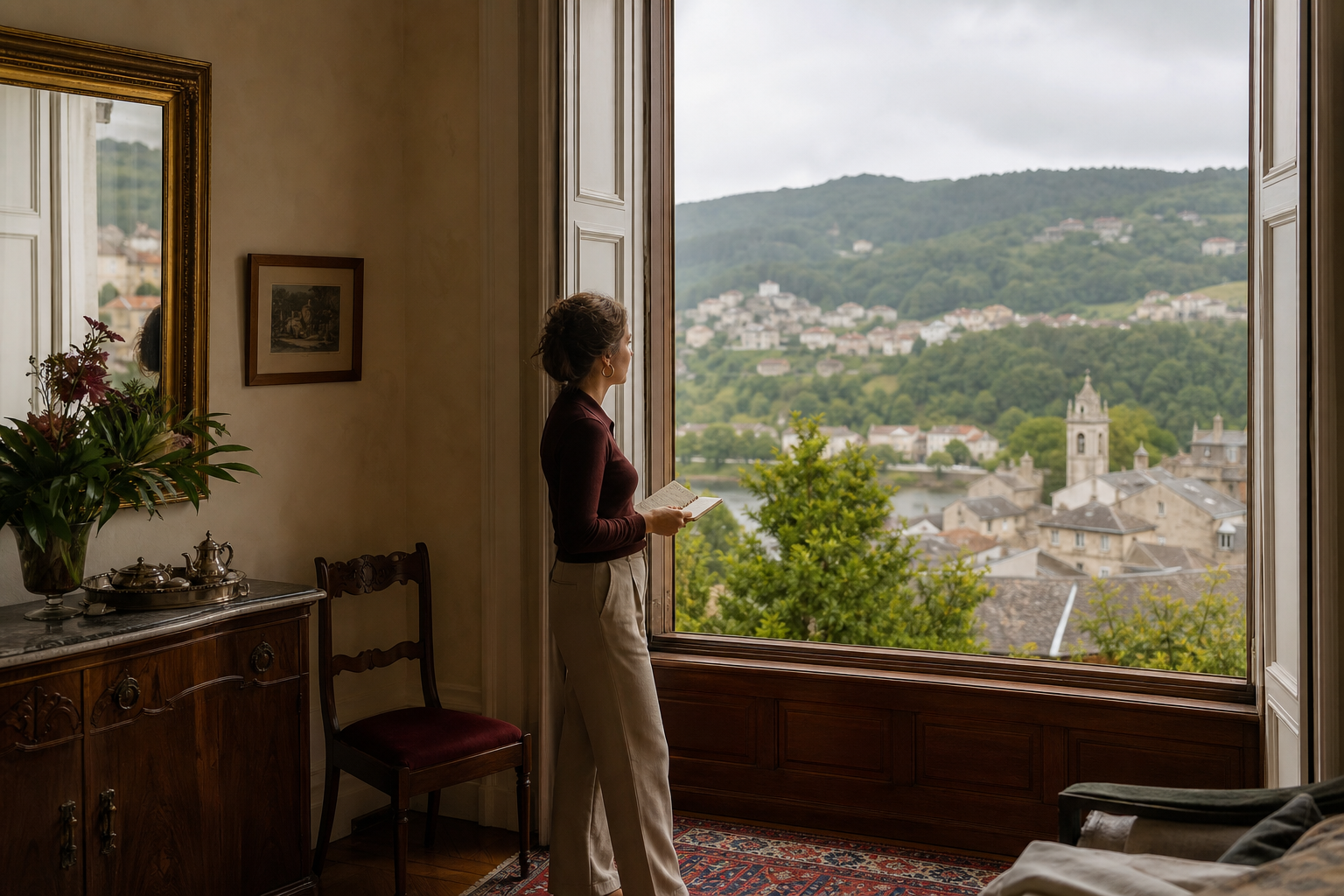Viajera observa una villa histórica gallega desde la ventana de una casa señorial