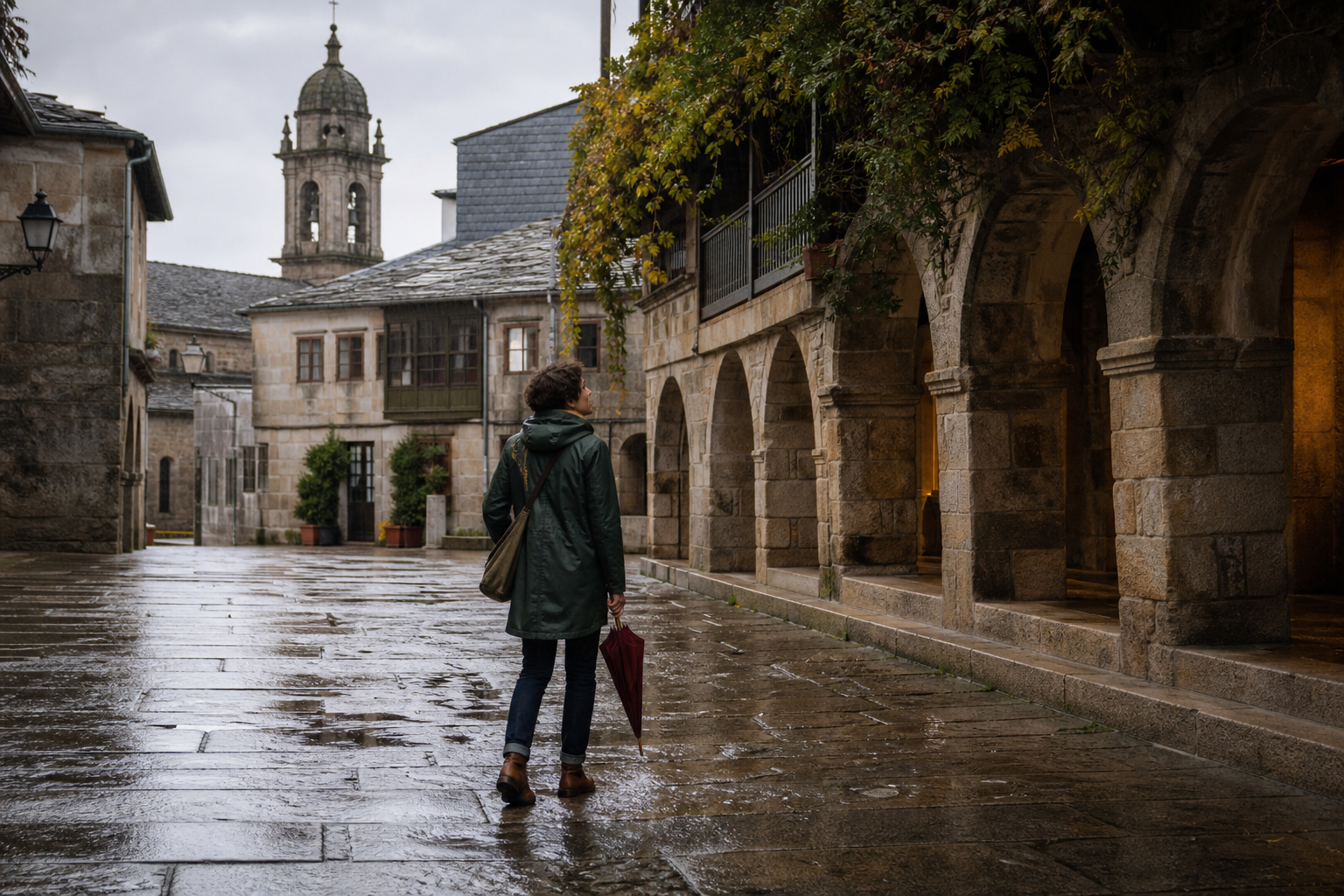 Viajera con impermeable recorre una calle porticada de una villa histórica gallega bajo la lluvia