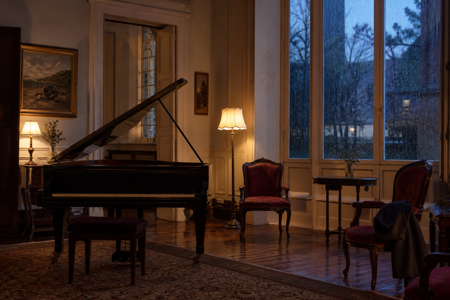 Salón histórico con piano y ventanas lluviosas preparado para una pausa cultural de invierno