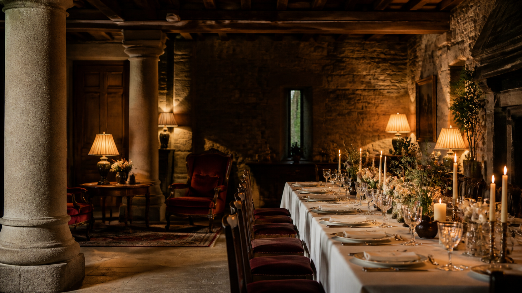 Mesa preparada para una fiesta privada en una casa histórica de Galicia