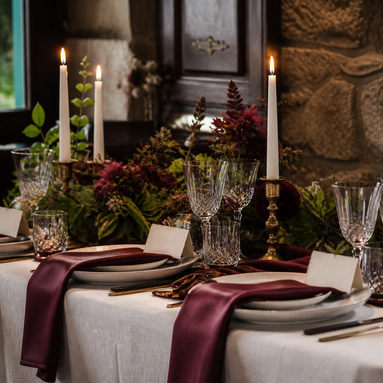Mesa íntima con velas y flores para una celebración privada