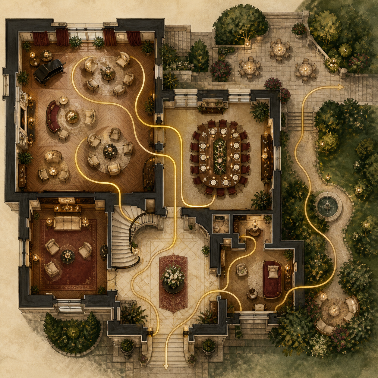 Esquema visual de recorridos para una celebración privada en una casa histórica