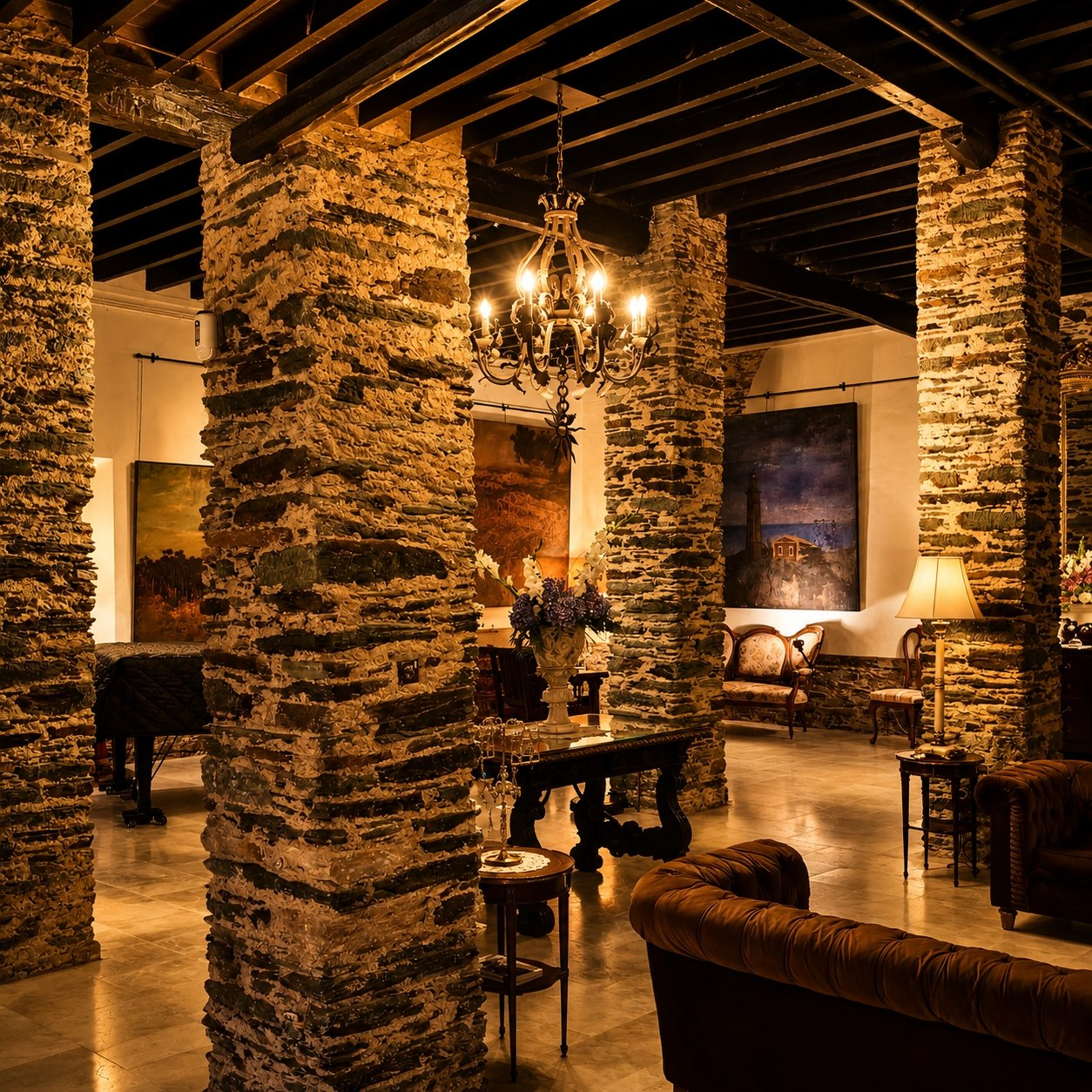 Salón de los Pilares de Santa Emilia con piedra, lámpara y mobiliario clásico