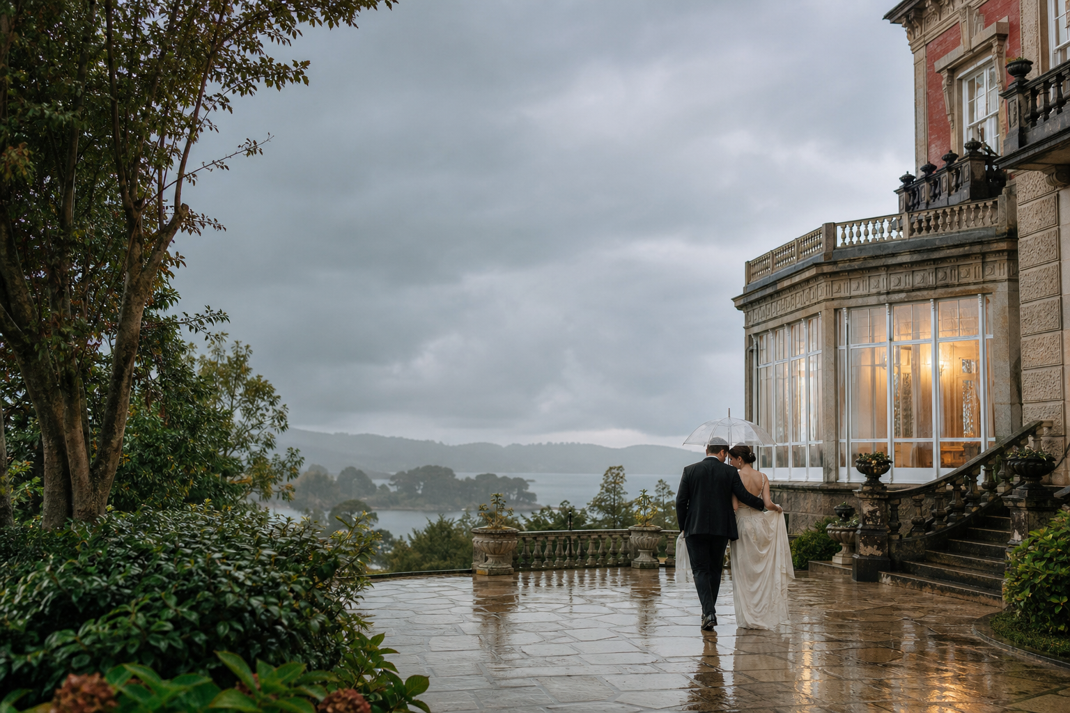 Pareja bajo un paraguas transparente junto a un palacete en un día de lluvia