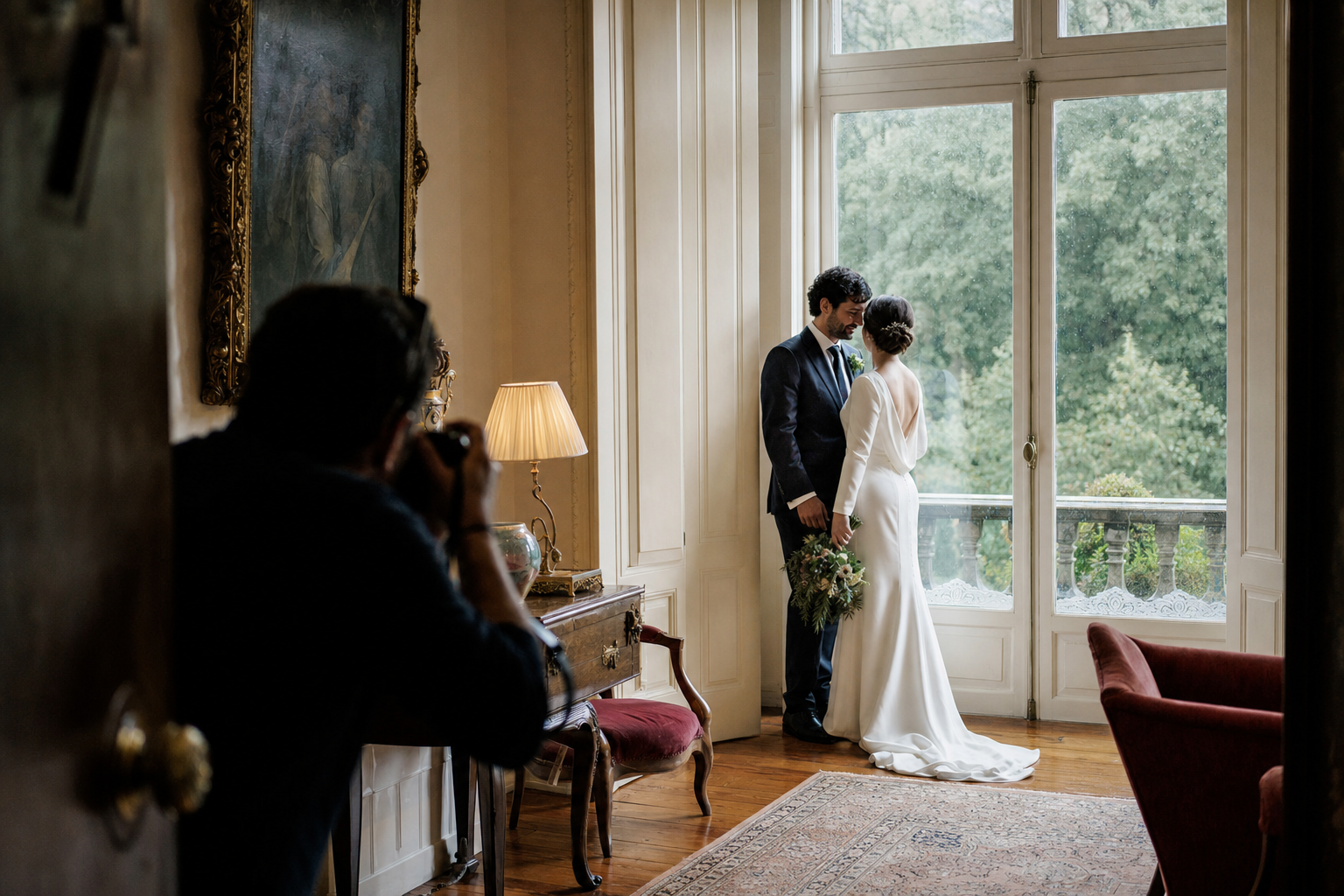 Fotógrafo retratando a una pareja junto a grandes ventanas mientras llueve en el jardín