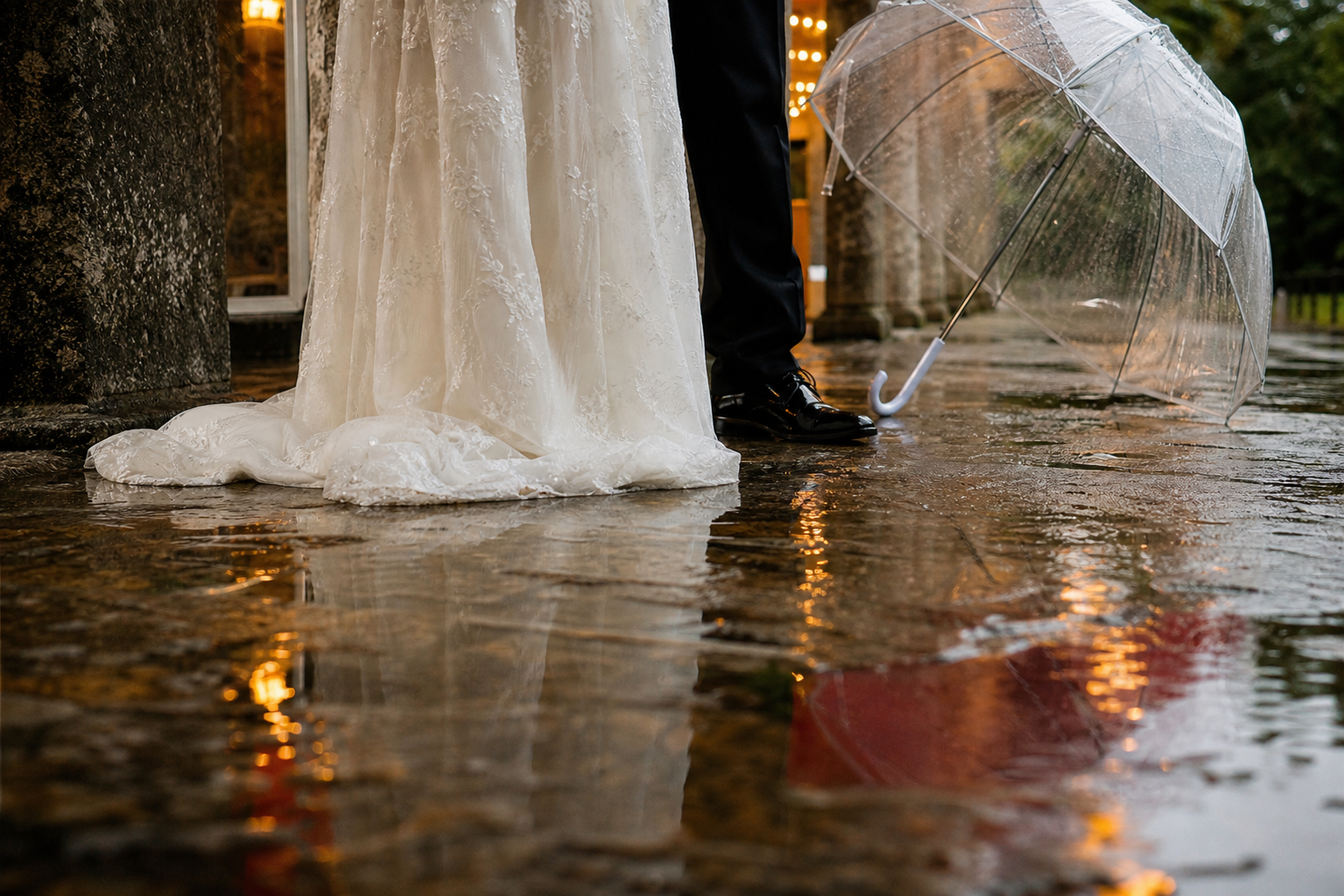 Detalle de vestido, zapatos, paraguas transparente y reflejos sobre piedra mojada