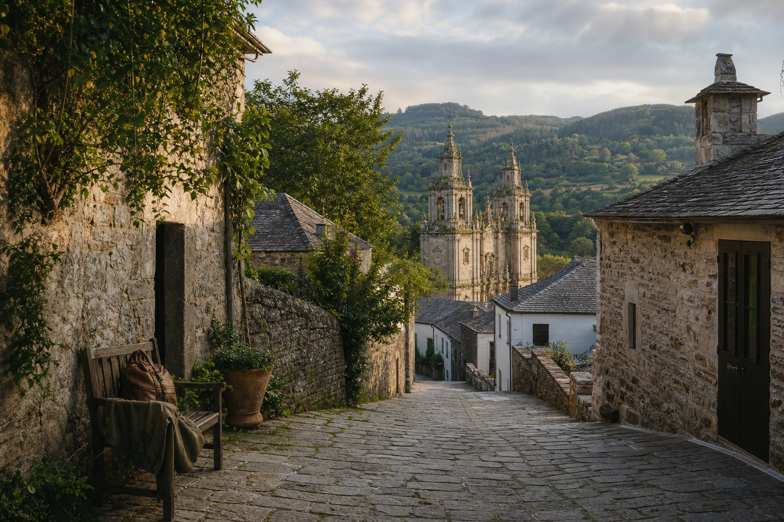 Calle de piedra y paisaje verde en una ruta lenta por Galicia interior
