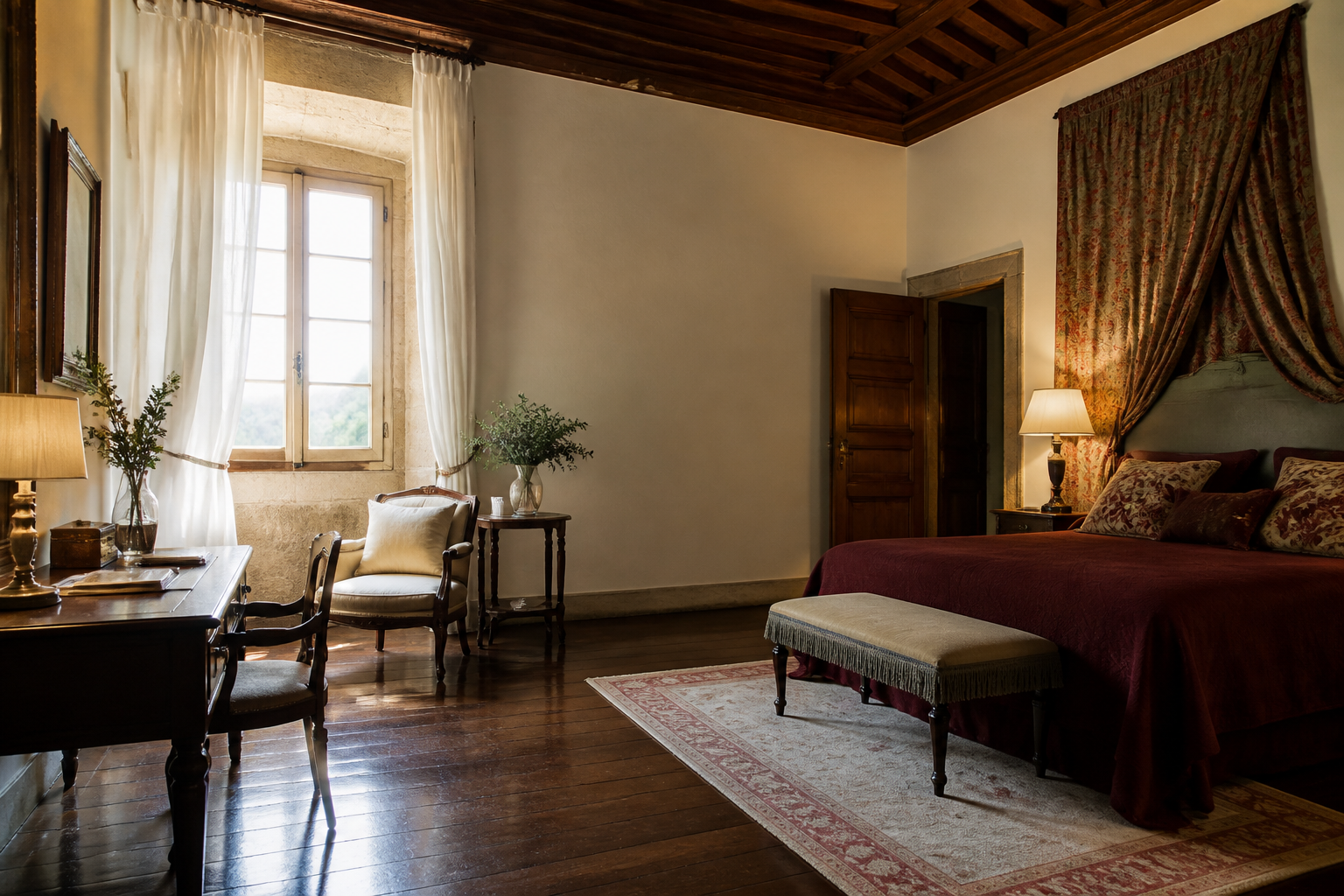 Habitación histórica con madera, textiles burdeos y luz natural en Galicia